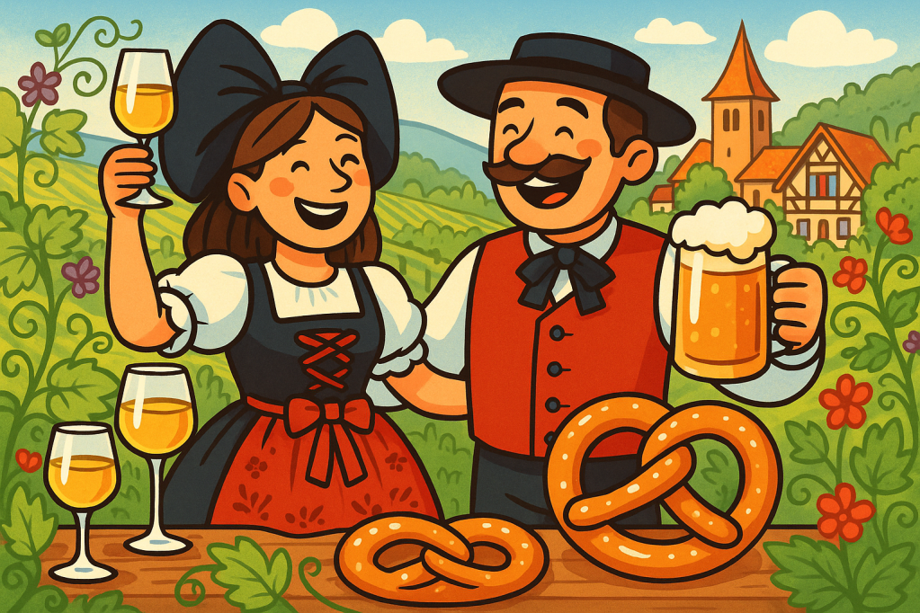 KIgenerierte Illustration mit Trachten, Bier und Wein zum Pfingstfest von Wissembourg