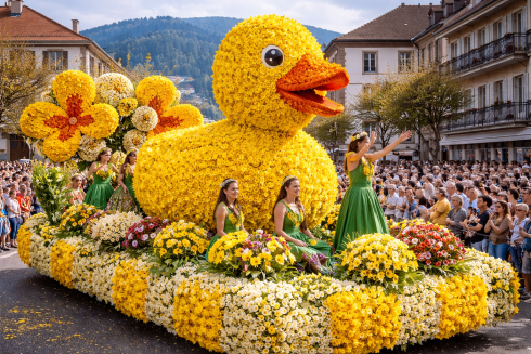 Blumenkorso der Fête des Jonquilles in Gérardmer mit Festwagen aus tausenden Narzissen