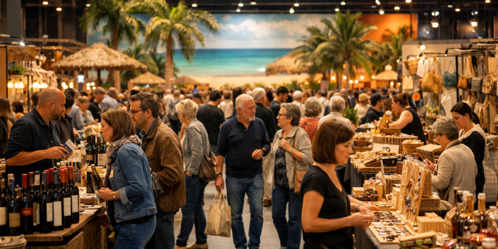 Genuss- und Lifestyle-Messe mit Weinverkostung, Handwerksständen und Reiseinspiration in einer Messehalle