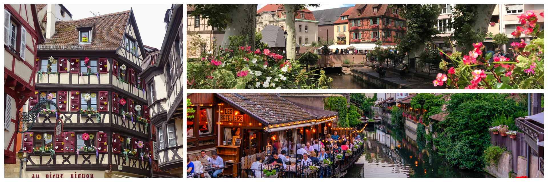 Collage aus Colmar: Fachwerkhaus mit bunt geschmückten Fensterläden, blumengeschmückte Brücke über die Lauch und stimmungsvolle Restaurants am Wasserkanal in der Altstadt.
