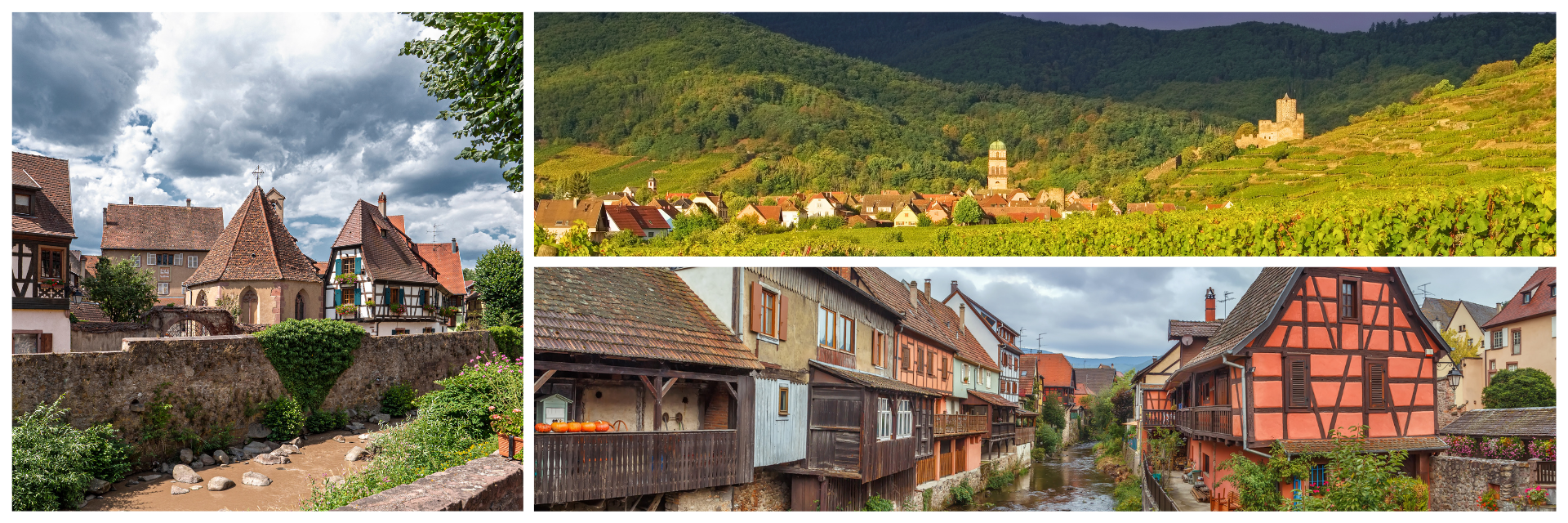 Collage Kaysersberg: Fachwerkhäuser am Ufer der Weiss, Blick über Weinberge mit Burgruine Kaiserburg und idyllische Gassen mit traditionellen Häusern.