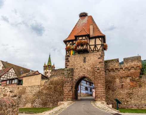 Blick auf die mittelalterliche Stadtmauer und den Hexenturm von Chatenois