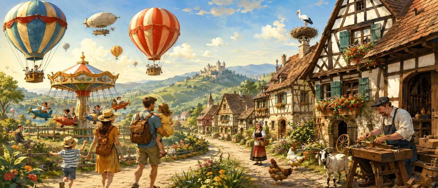 KI-generierte Illustration mit Heißluftballons, Fahrgeschäft und elsässischem Fachwerkdorf