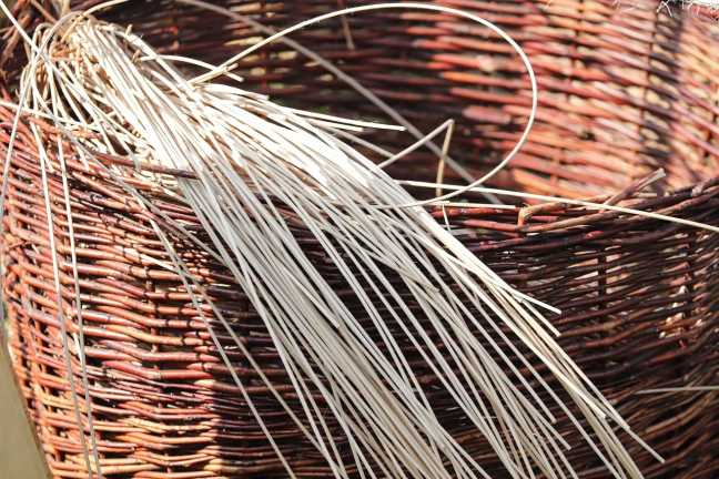 Geflochtener Weidenkorb mit Weidenruten in einer Korbflechterei