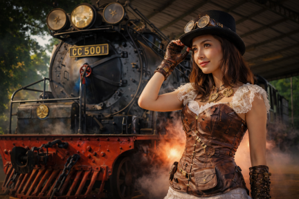 Steampunk Festival im Eisenbahnmuseum Mulhouse – Steampunk-Kostüm vor historischer Dampflok
