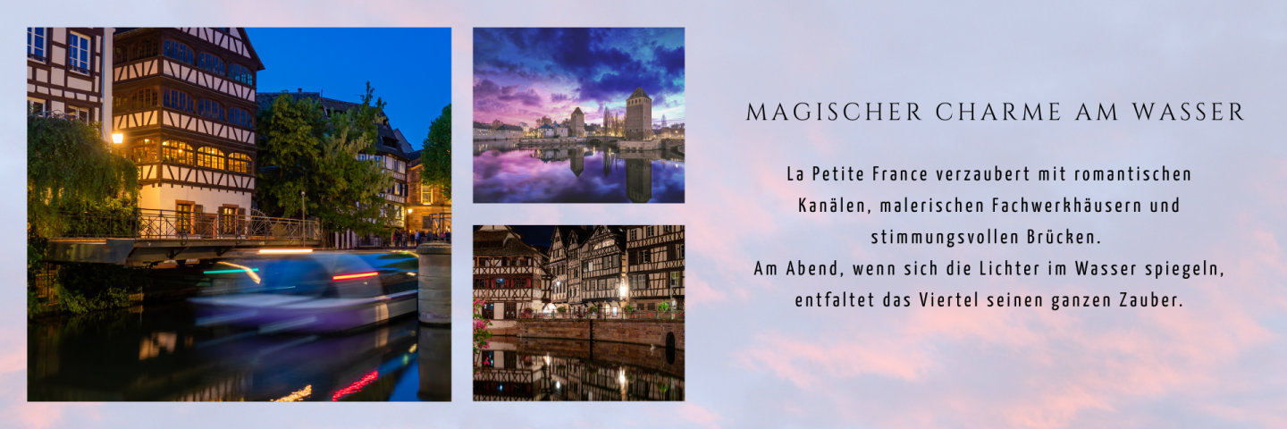 Gerberviertel La Petite France in Strasbourg mit Fachwerkhäusern, romantischen Kanälen, kleinen Brücken und Blick auf die gedeckten Brücken und das Vauban-Wehr