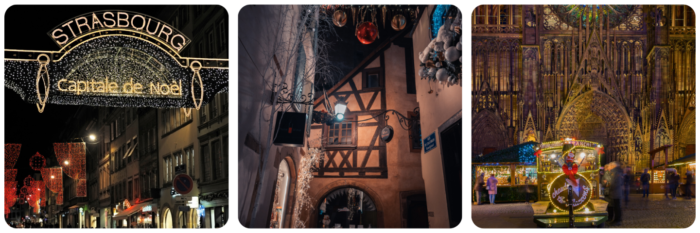 Weihnachtsstimmung in Straßburg – festlich beleuchtete Straßen, geschmückte Fachwerkhäuser und der Weihnachtsmarkt vor dem illuminierten Münster