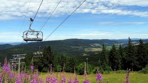 Sessellift über blühender Sommerwiese mit Blick auf die grünen Höhenzüge der Vogesen im Elsass