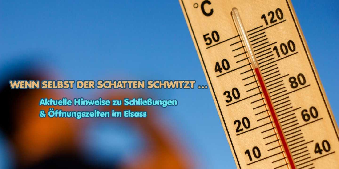 Thermometer mit hoher Temperatur vor blauem Himmel als Symbol für extreme Hitze und Hitzewelle im Elsass.